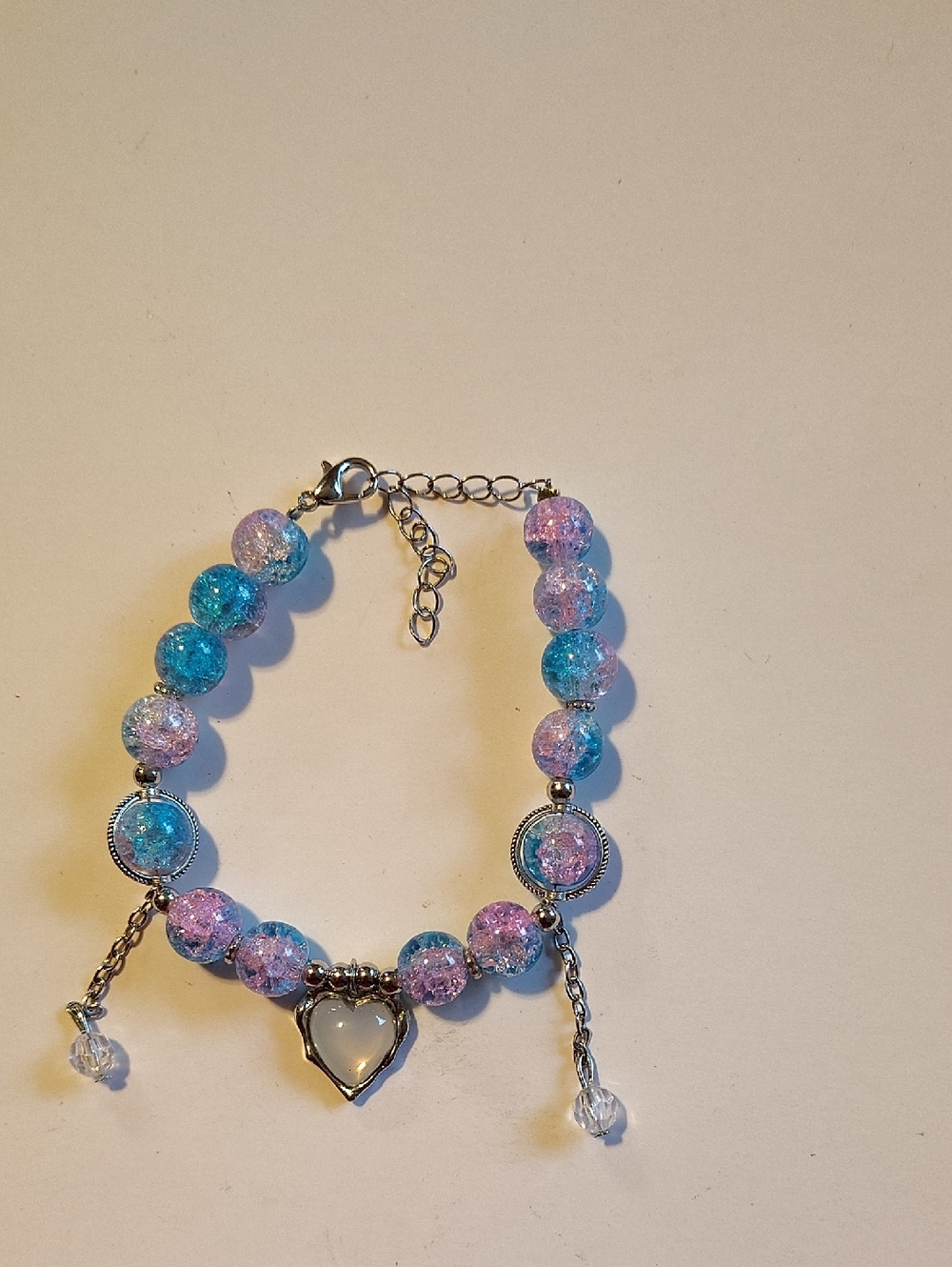 Pastel Blue & Pink Heart Charm Beaded Bracelet - Women Jewelry